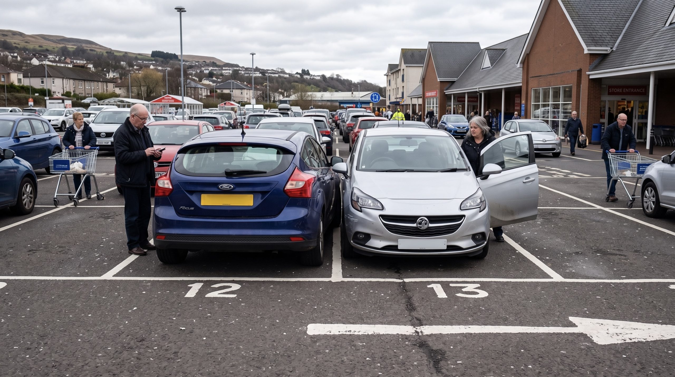 Cars in a Scottish car park following a minor parking collision