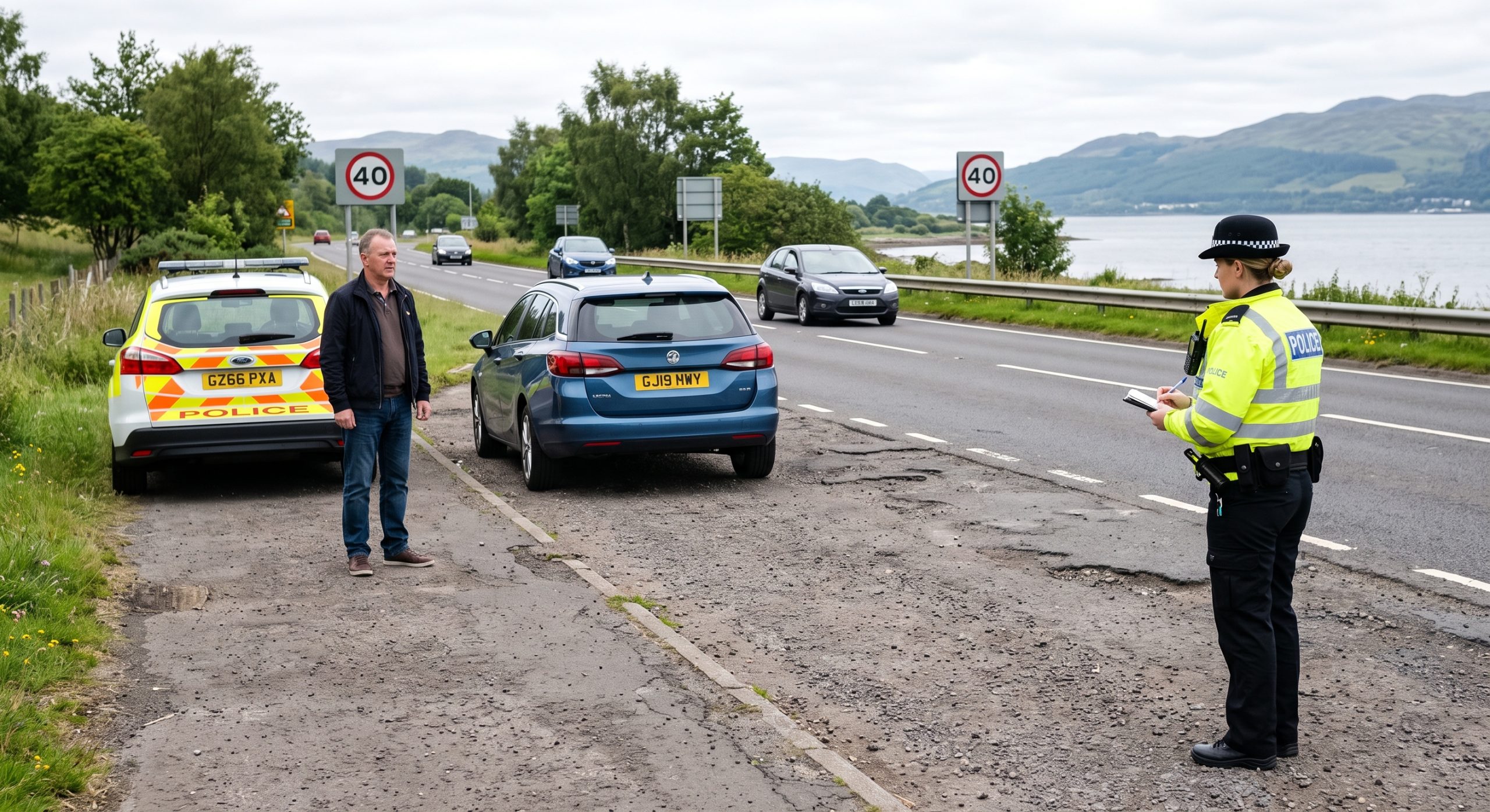 Driver undergoing a police roadside eyesight test using a vehicle number plate